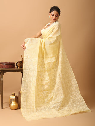 Pale Yellow Pure Cotton Kota Saree with Hand Lucknowi Embroidery
