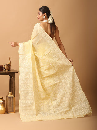 Pale Yellow Pure Cotton Kota Saree with Hand Lucknowi Embroidery