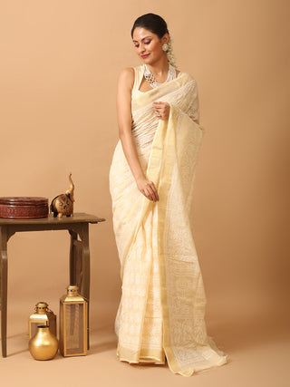Sandal Colour Pure Cotton Kota Saree with Hand Lucknowi Embroidery