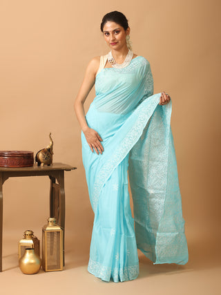 Aqua Blue Pure Cotton Kota Saree with Hand Lucknowi Embroidery