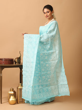 Aqua Blue Pure Cotton Kota Saree with Hand Lucknowi Embroidery