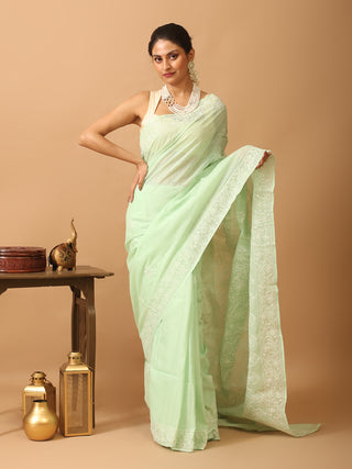 Light Pista Green Pure Cotton Kota Saree with Hand Lucknowi Embroidery
