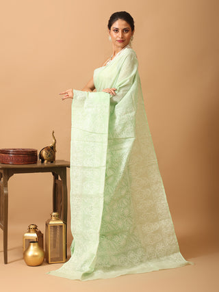 Light Pista Green Pure Cotton Kota Saree with Hand Lucknowi Embroidery