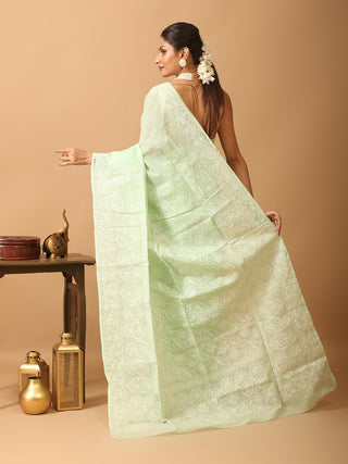 Light Pista Green Pure Cotton Kota Saree with Hand Lucknowi Embroidery