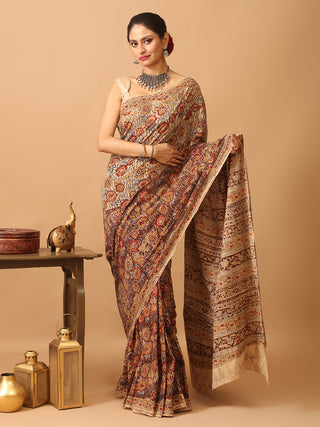 Beige Base Pure Mul Cotton Saree With Multicolour Kalamkari Print
