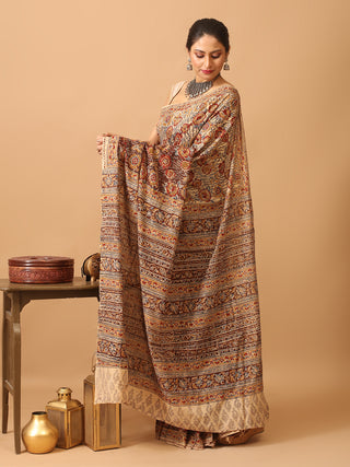 Beige Base Pure Mul Cotton Saree With Multicolour Kalamkari Print