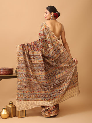 Beige Base Pure Mul Cotton Saree With Multicolour Kalamkari Print
