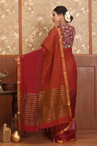 Brick-Red, Maroon, Wine, Three Colour Pure Mangalgiri Cotton Saree