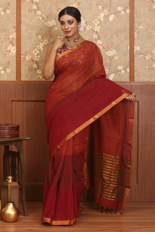 Brick-Red, Maroon, Wine, Three Colour Pure Mangalgiri Cotton Saree