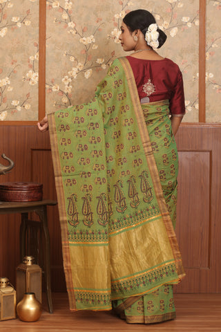 Dual Tone (Yellow And Olive Green) Block Printed Mangalgiri Pure Cotton Saree