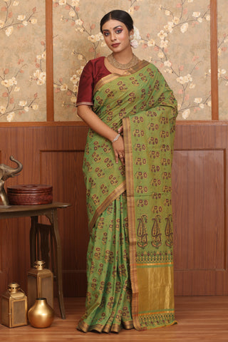 Dual Tone (Yellow And Olive Green) Block Printed Mangalgiri Pure Cotton Saree
