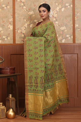 Dual Tone (Yellow And Olive Green) Block Printed Mangalgiri Pure Cotton Saree