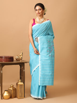 Sky Blue And White Pure Handloom Cotton Manipuri Moirang Phee