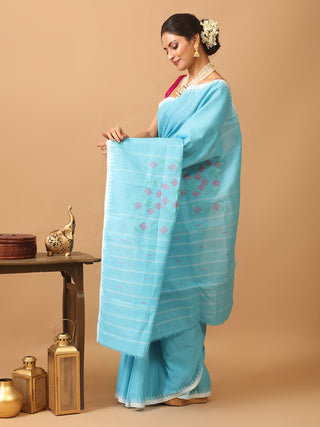 Sky Blue And White Pure Handloom Cotton Manipuri Moirang Phee