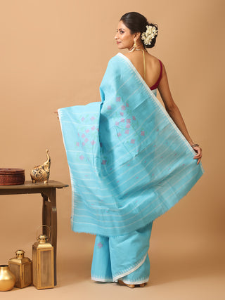Sky Blue And White Pure Handloom Cotton Manipuri Moirang Phee