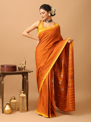 Rusty Orange And Yellow Hand Woven Russian Silk Manipuri Saree
