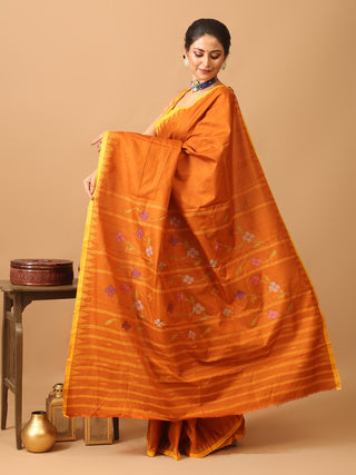Rusty Orange And Yellow Hand Woven Russian Silk Manipuri Saree