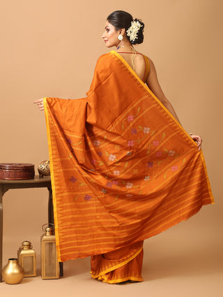 Rusty Orange And Yellow Hand Woven Russian Silk Manipuri Saree