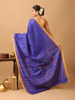 Royal Blue And Yellow Russia Silk Hand Woven Manipuri Saree