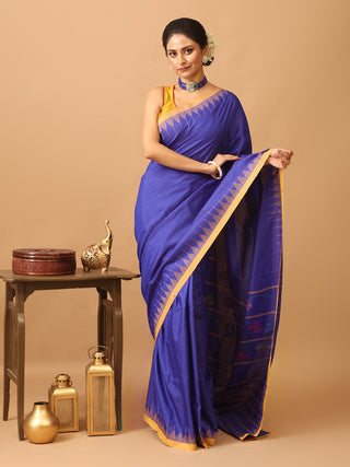 Royal Blue And Yellow Russia Silk Hand Woven Manipuri Saree