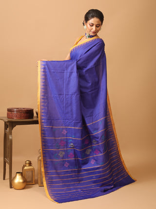 Royal Blue And Yellow Russia Silk Hand Woven Manipuri Saree
