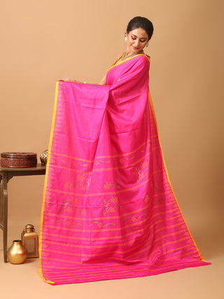 Fuchsia And Yellow Russia Silk Hand Woven Manipuri Saree
