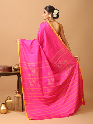 Fuchsia And Yellow Russia Silk Hand Woven Manipuri Saree