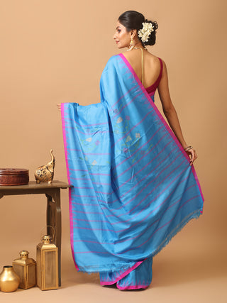 Sky Blue And Magenta Russia Silk Hand Woven Manipuri Saree