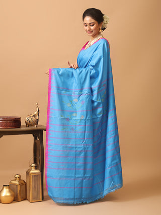 Sky Blue And Magenta Russia Silk Hand Woven Manipuri Saree