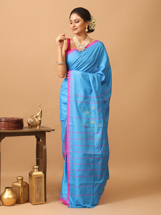 Sky Blue And Magenta Russia Silk Hand Woven Manipuri Saree