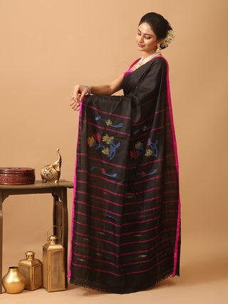 Black And Fuchsia Russia Silk Hand Woven Manipuri Saree