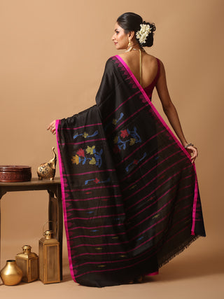 Black And Fuchsia Russia Silk Hand Woven Manipuri Saree