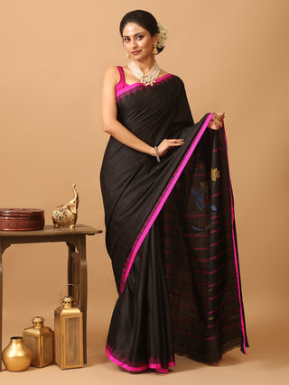 Black And Fuchsia Russia Silk Hand Woven Manipuri Saree