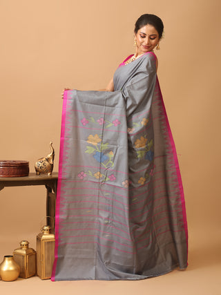 Grey And Magenta Russia Silk Hand Woven Manipuri Saree