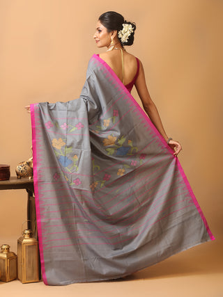 Grey And Magenta Russia Silk Hand Woven Manipuri Saree