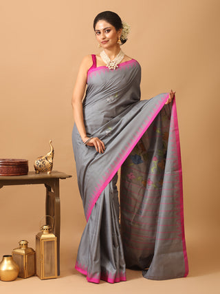 Grey And Magenta Russia Silk Hand Woven Manipuri Saree