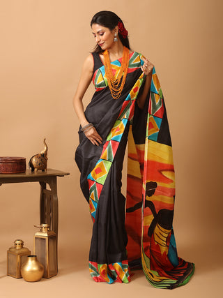 Black Murshidabad Pure Silk Saree With Colourful Hand Painting Inspired By African Art