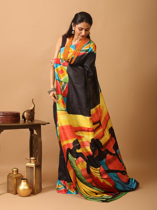 Black Murshidabad Pure Silk Saree With Colourful Hand Painting Inspired By African Art