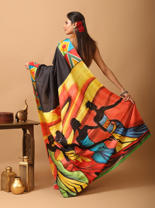 Black Murshidabad Pure Silk Saree With Colourful Hand Painting Inspired By African Art