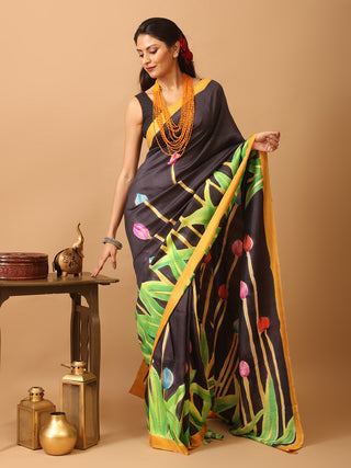 Black Murshidabad Pure Silk Saree With Colourful Hand Painting Inspired By Tulips