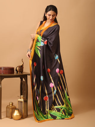 Black Murshidabad Pure Silk Saree With Colourful Hand Painting Inspired By Tulips