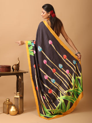Black Murshidabad Pure Silk Saree With Colourful Hand Painting Inspired By Tulips