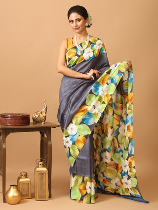 Bluish Grey Murshidabad Pure Silk Saree With Sophisticated Floral Hand Painting