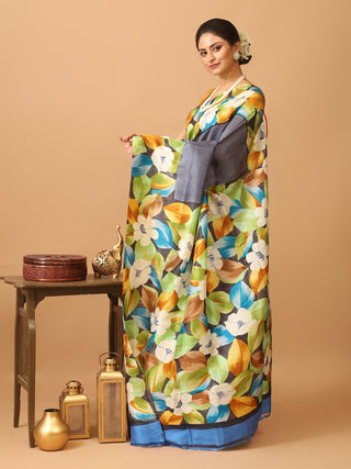Bluish Grey Murshidabad Pure Silk Saree With Sophisticated Floral Hand Painting