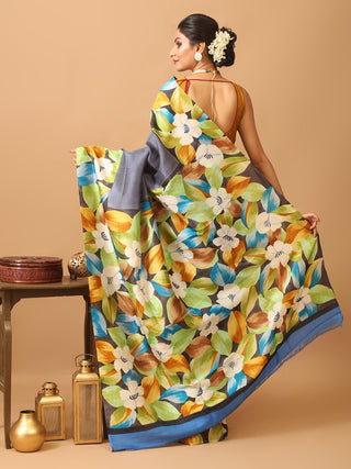 Bluish Grey Murshidabad Pure Silk Saree With Sophisticated Floral Hand Painting