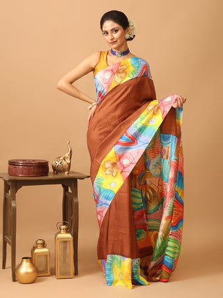 Chocolate Brown Murshidabad Pure Silk Saree With Colourful Hand Painting