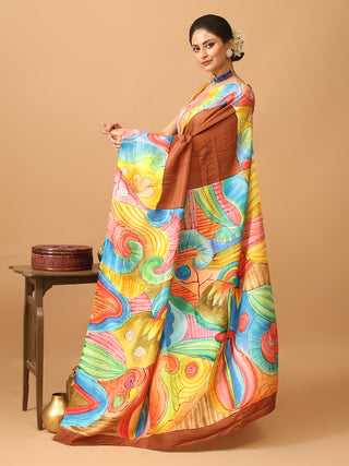 Chocolate Brown Murshidabad Pure Silk Saree With Colourful Hand Painting