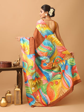 Chocolate Brown Murshidabad Pure Silk Saree With Colourful Hand Painting