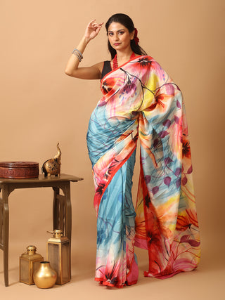 Multicolour Murshidabad Pure Silk Saree With Colourful And Trendy Hand Painting