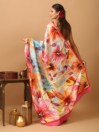 Multicolour Murshidabad Pure Silk Saree With Colourful And Trendy Hand Painting